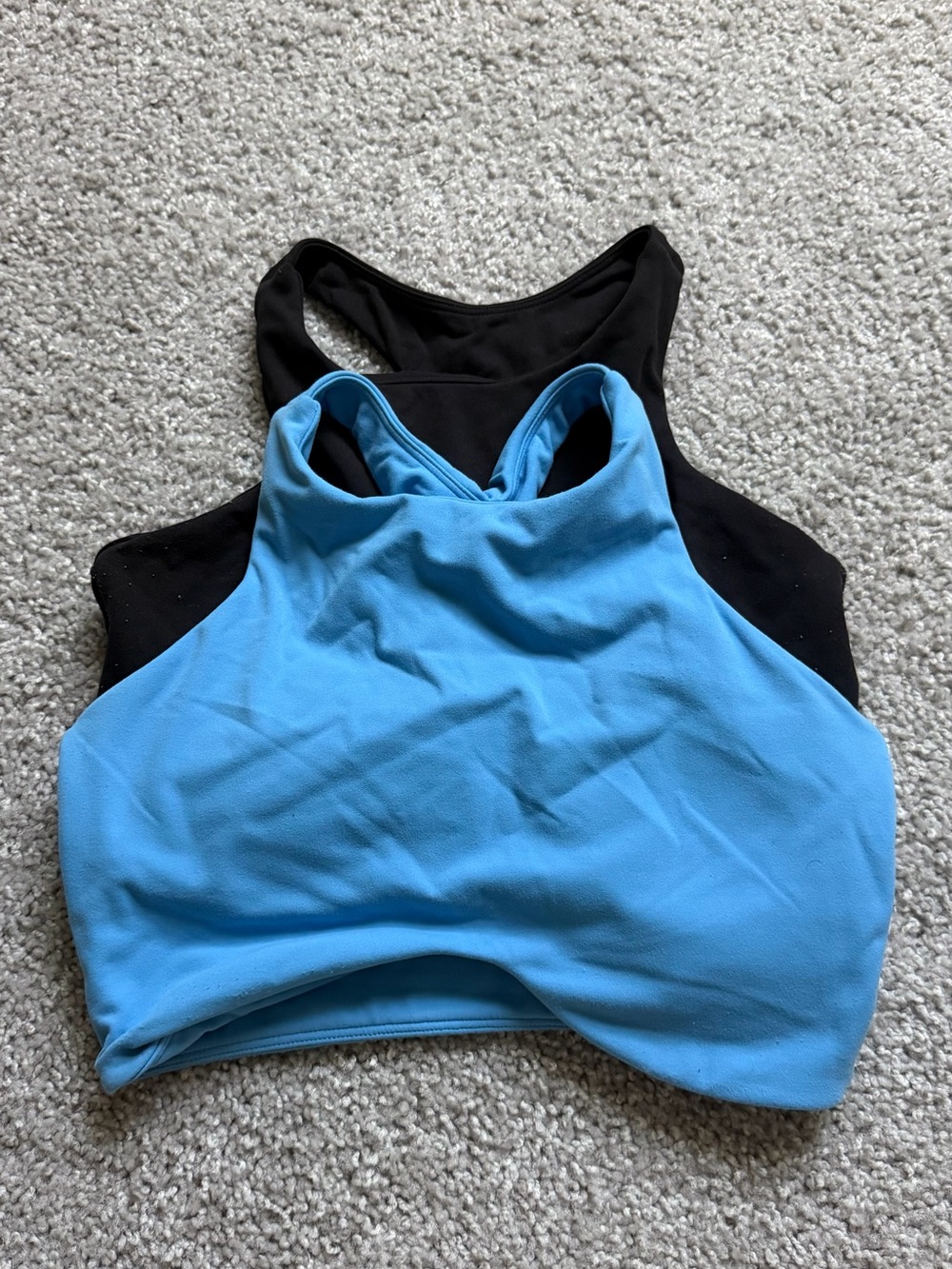 BuffBunny High-Neck Sports Bra in Black and Light Blue